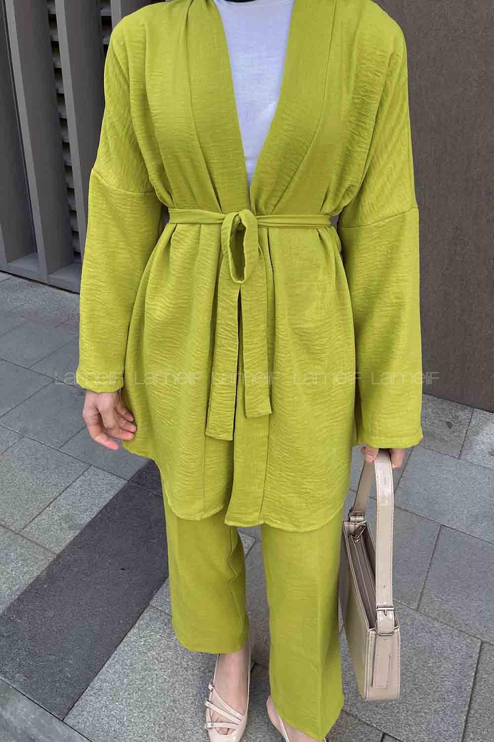 Oil Green Scarf Neck Long Arm Belted Linen Regular Trousers Linen Suit