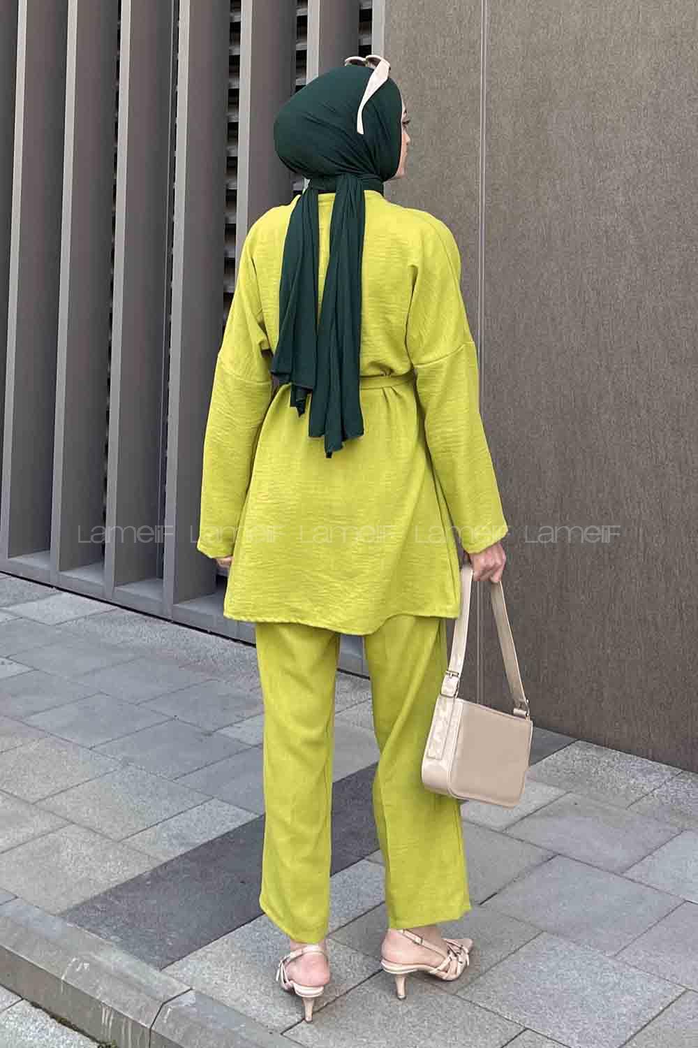 Oil Green Scarf Neck Long Arm Belted Linen Regular Trousers Linen Suit