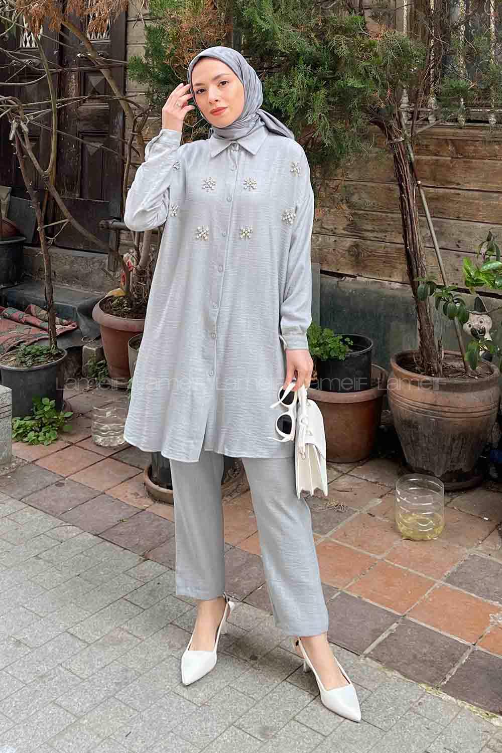Gray Shirt Collar Long Arm Beaded Linen Regular Trousers Linen Suit
