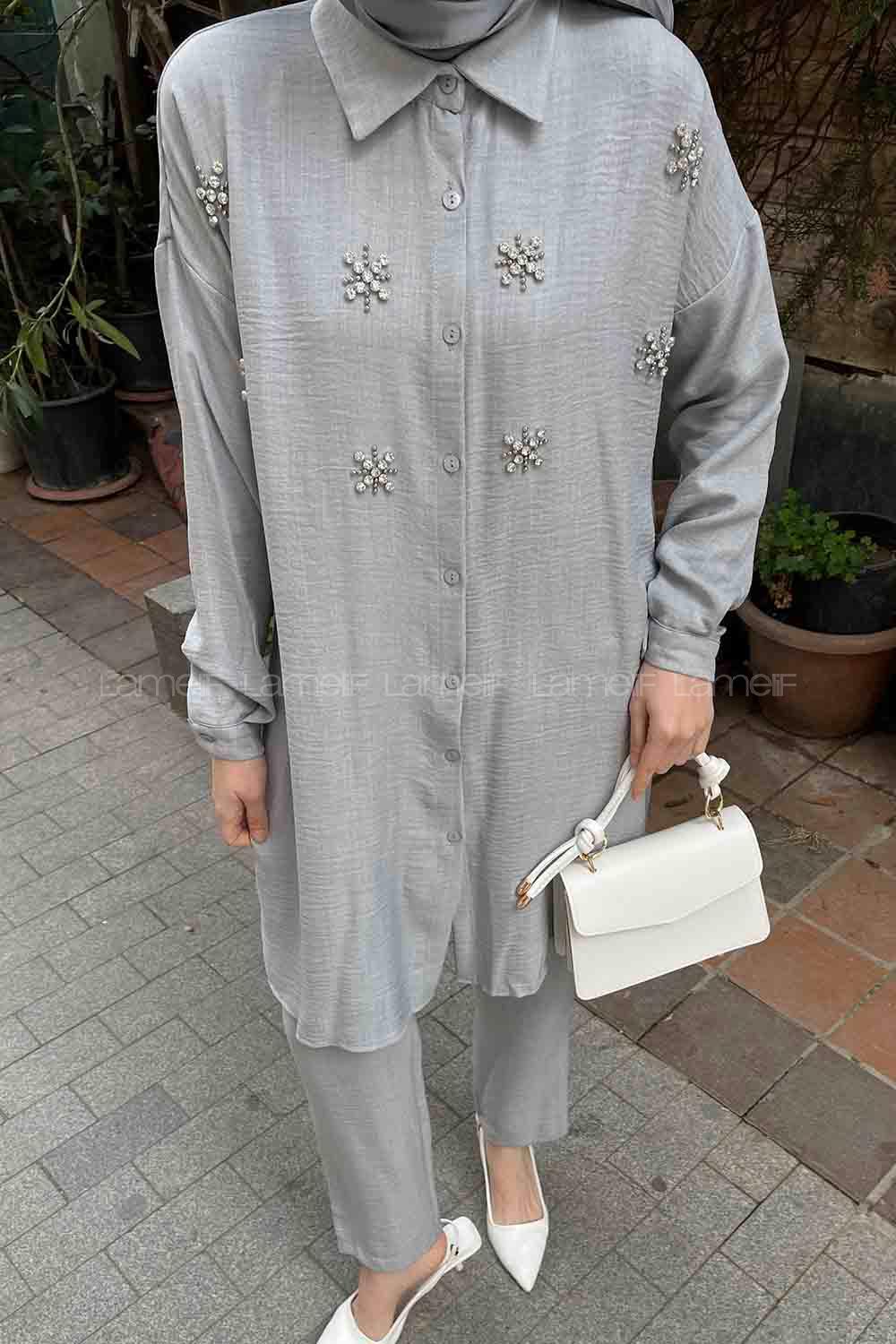 Gray Shirt Collar Long Arm Beaded Linen Regular Trousers Linen Suit