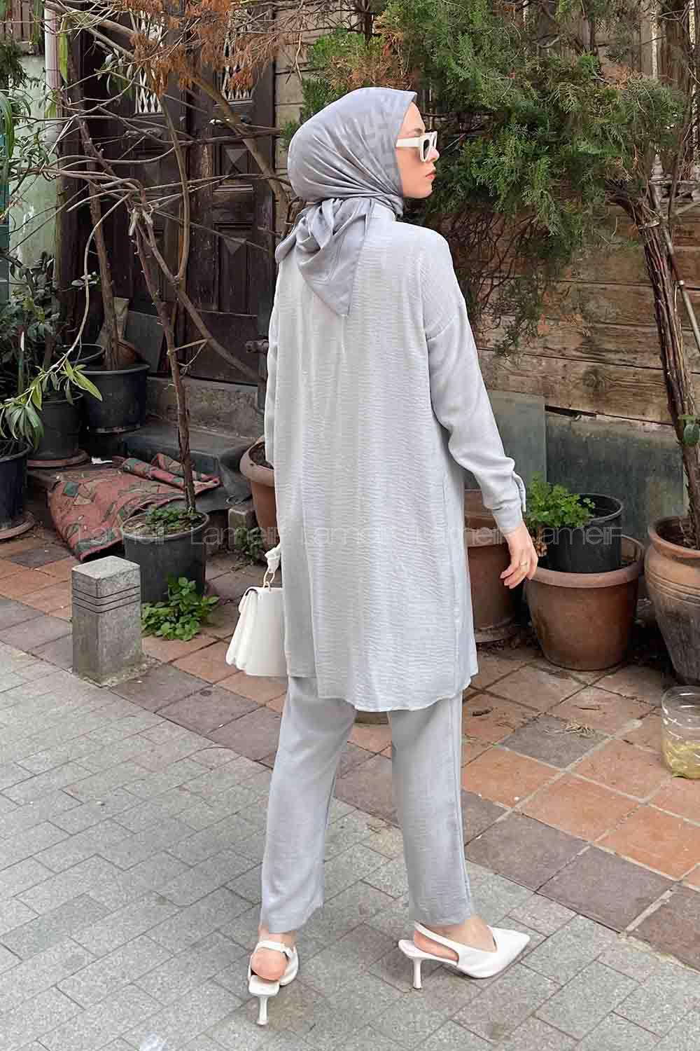 Gray Shirt Collar Long Arm Beaded Linen Regular Trousers Linen Suit