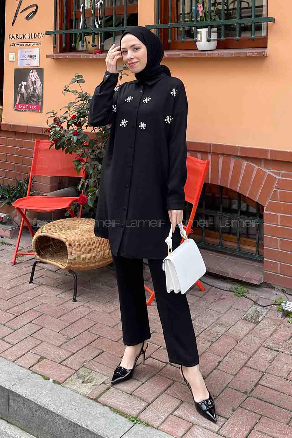 Black Shirt Collar Long Arm Beaded Linen Regular Trousers Linen Suit