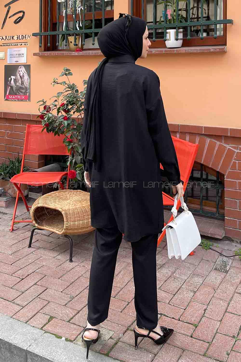 Black Shirt Collar Long Arm Beaded Linen Regular Trousers Linen Suit