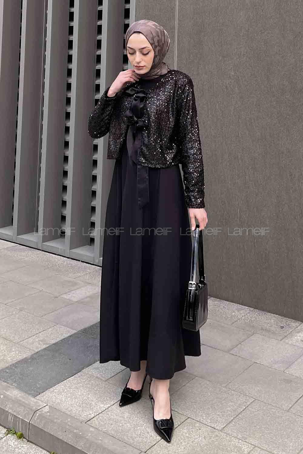 Lamelif Payetli Kurdele Detaylı Ceket Tesettür Takım Siyah