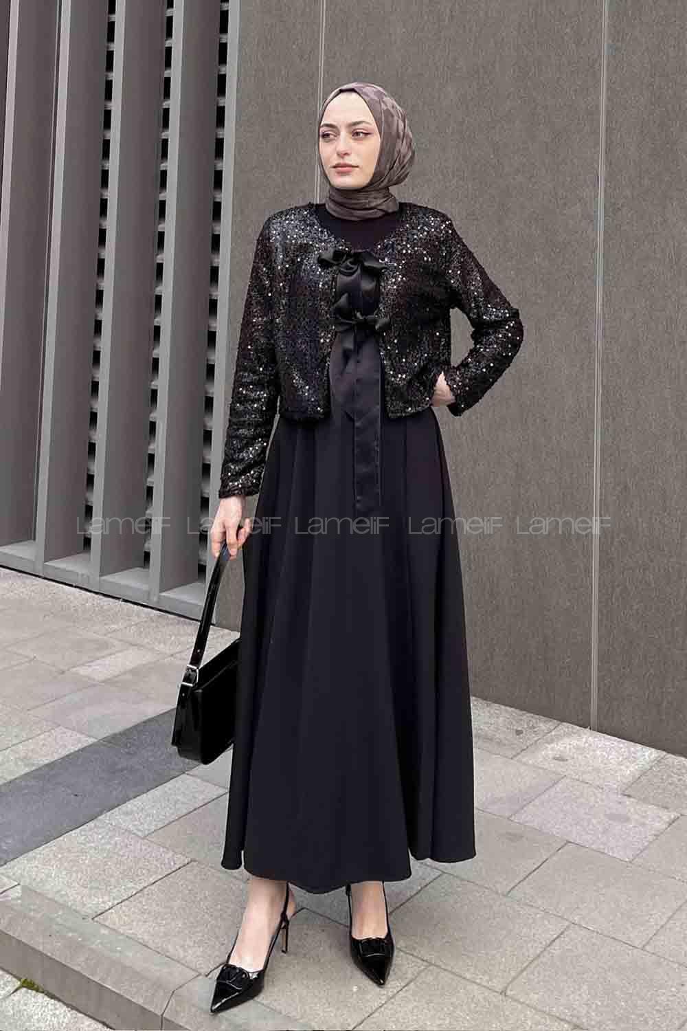Lamelif Payetli Kurdele Detaylı Ceket Tesettür Takım Siyah