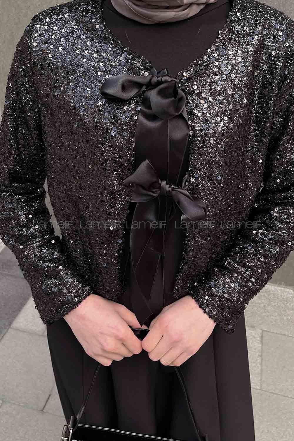 Lamelif Payetli Kurdele Detaylı Ceket Tesettür Takım Siyah