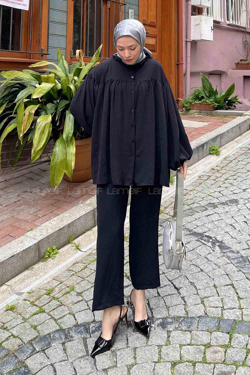 Lamelif Yaka Fırfır Detaylı İkili Tesettür Takım Siyah