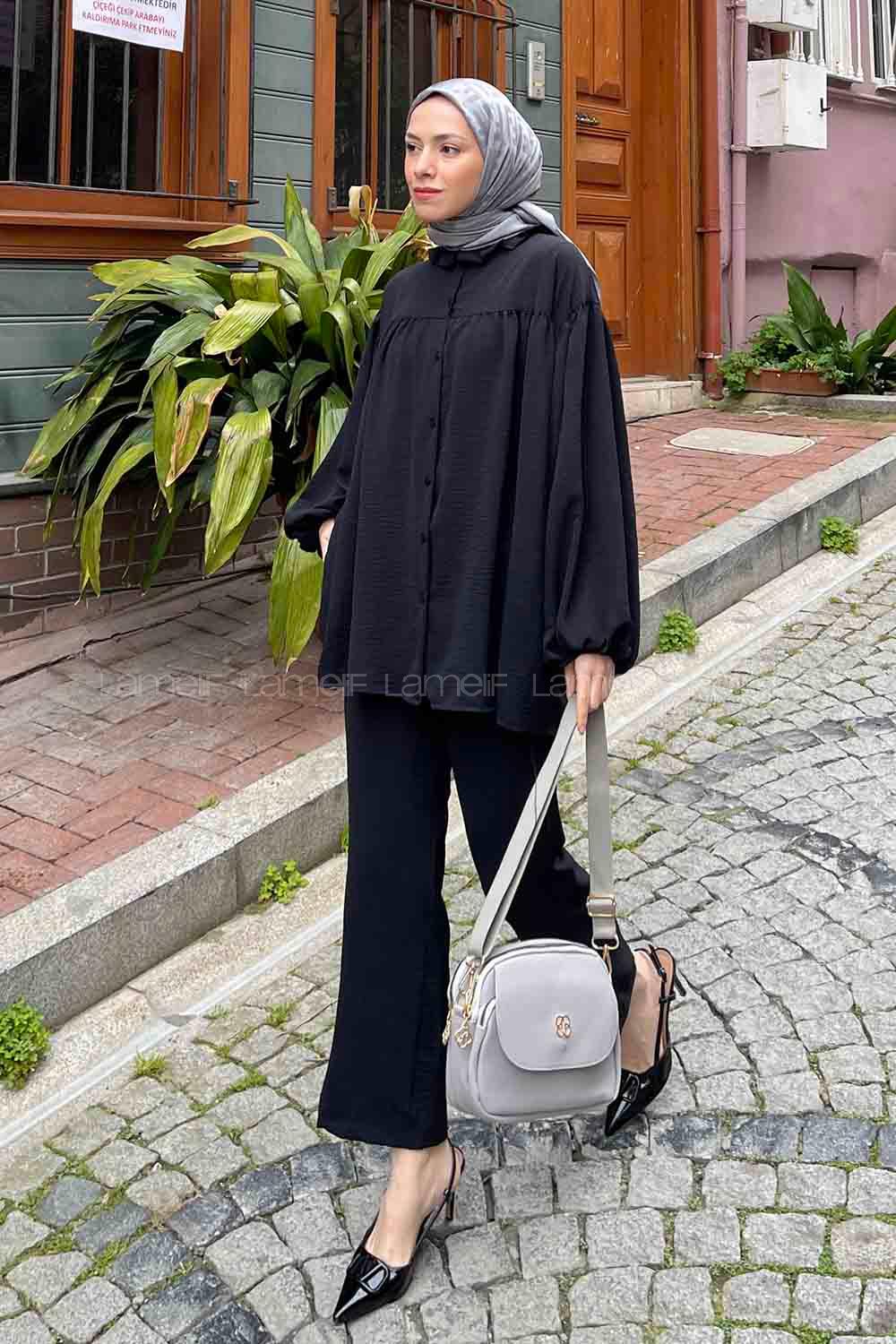 Lamelif Yaka Fırfır Detaylı İkili Tesettür Takım Siyah