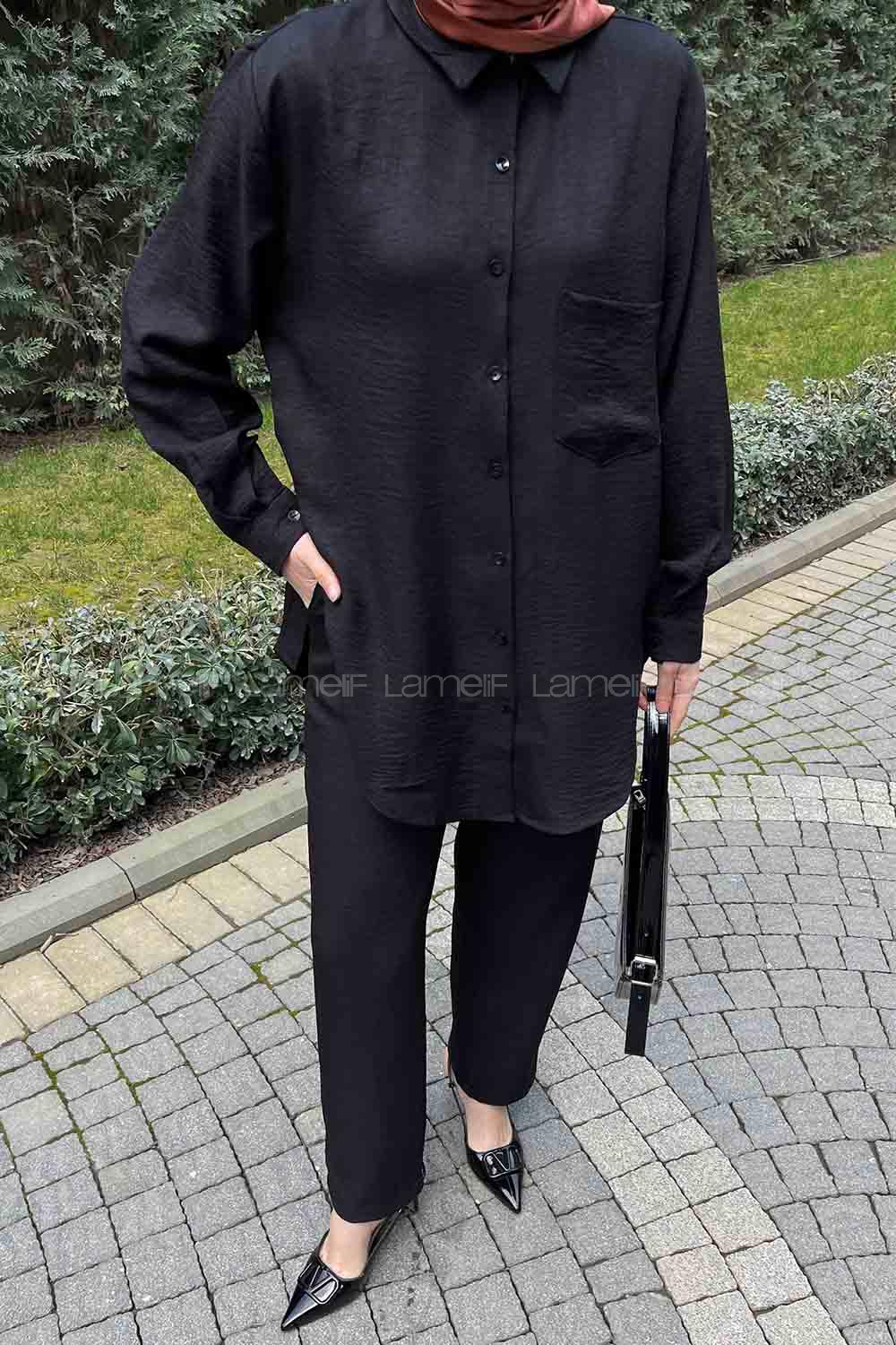Lamelif Yan Düğme Detaylı İkili Ayrobin Tesettür Takım Siyah