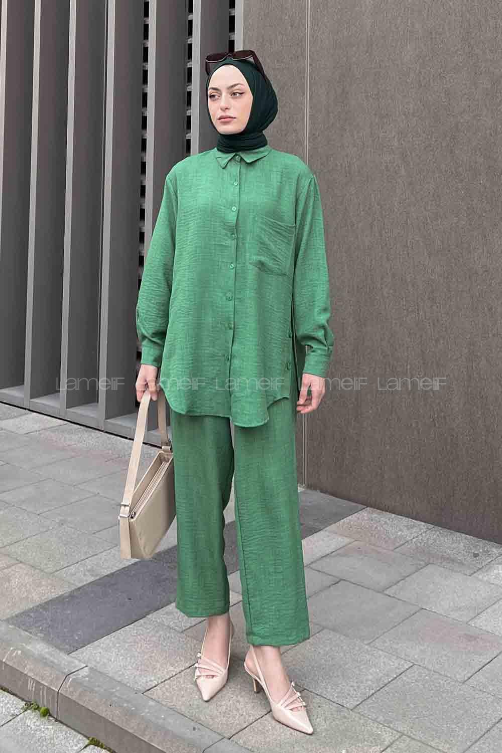 Lamelif Yan Düğme Detaylı İkili Ayrobin Tesettür Takım Yeşil