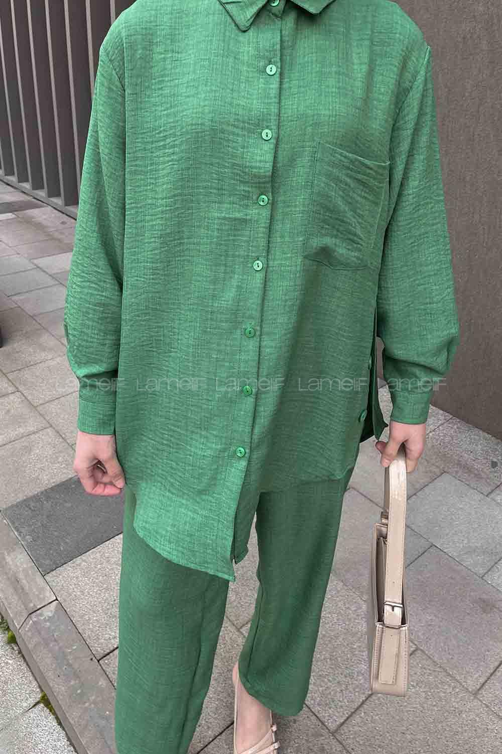 Lamelif Yan Düğme Detaylı İkili Ayrobin Tesettür Takım Yeşil