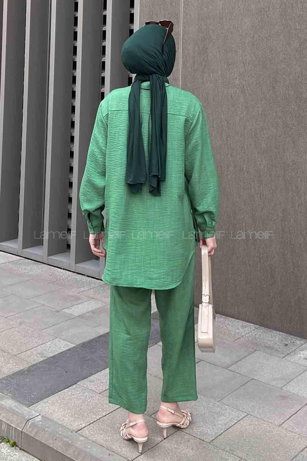 Lamelif Yan Düğme Detaylı İkili Ayrobin Tesettür Takım Yeşil