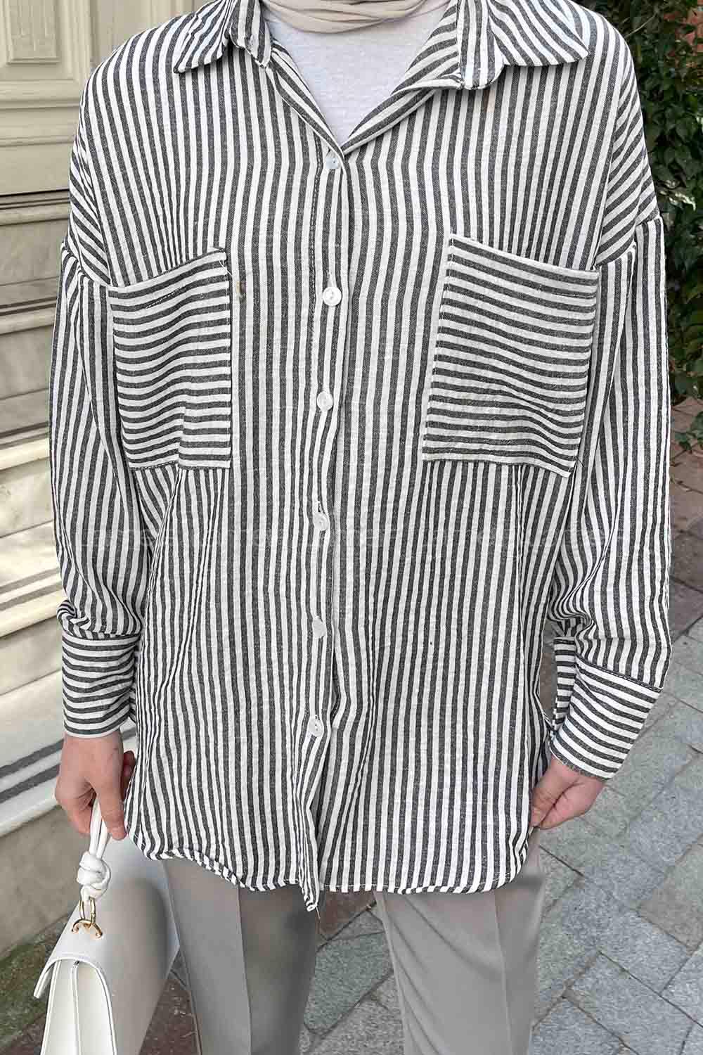 Black Shirt Collar Long Arm Linen Unprinted Shirt