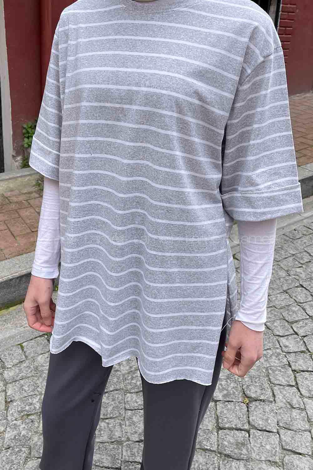 Gray Crew Neck Half Arm Arm Cotton Printed T-shirt