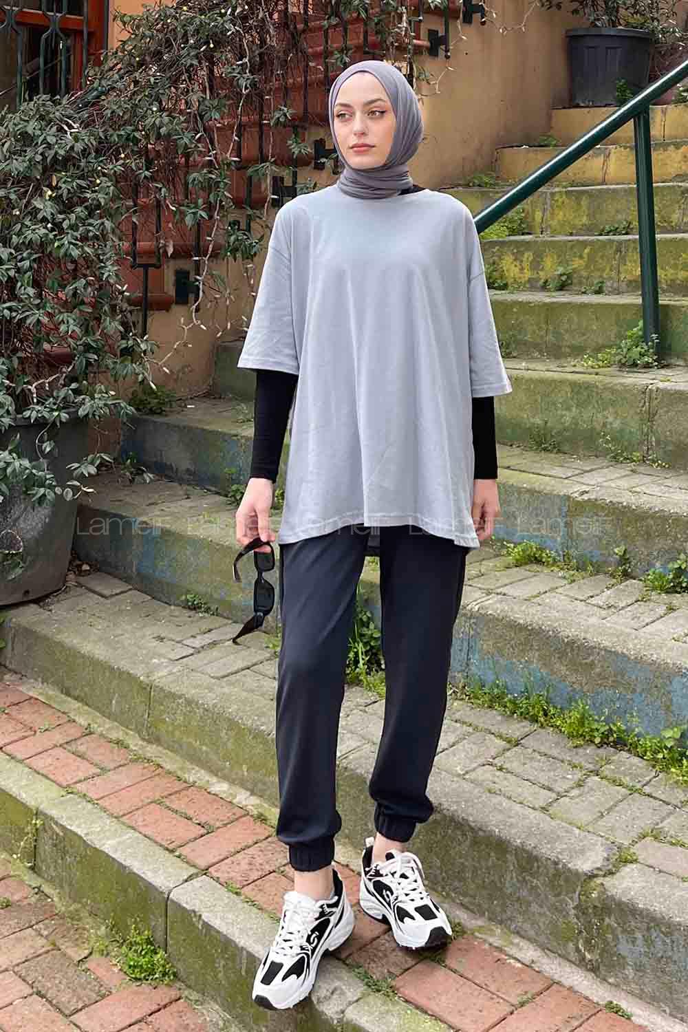 Gray Loose Crew Neck Short Arm Cotton Fabric T-shirt