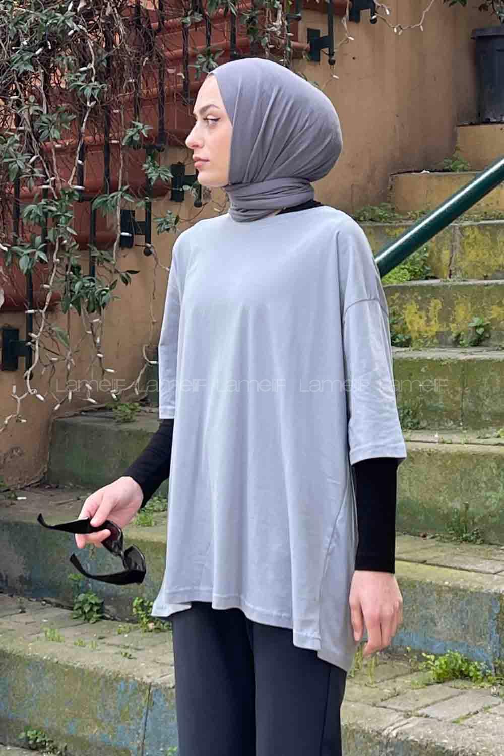 Gray Loose Crew Neck Short Arm Cotton Fabric T-shirt