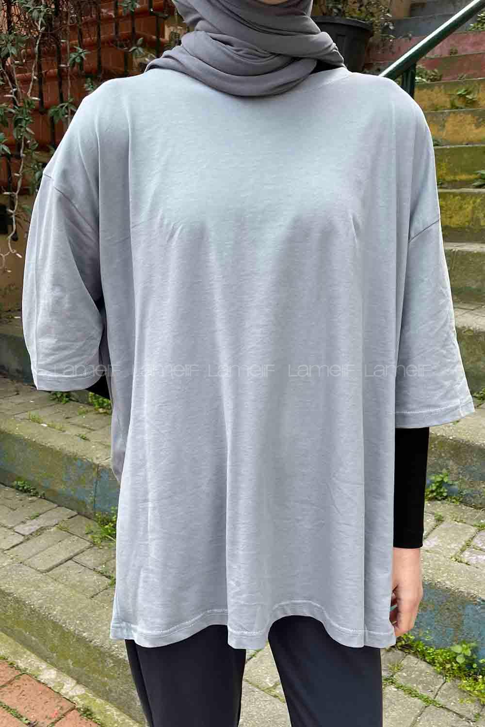 Gray Loose Crew Neck Short Arm Cotton Fabric T-shirt