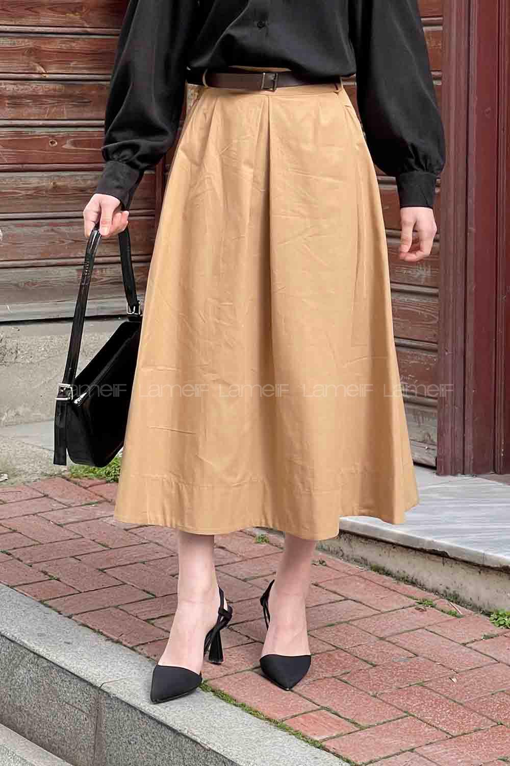 Lamelif Kemerli Gabardin Etek Camel