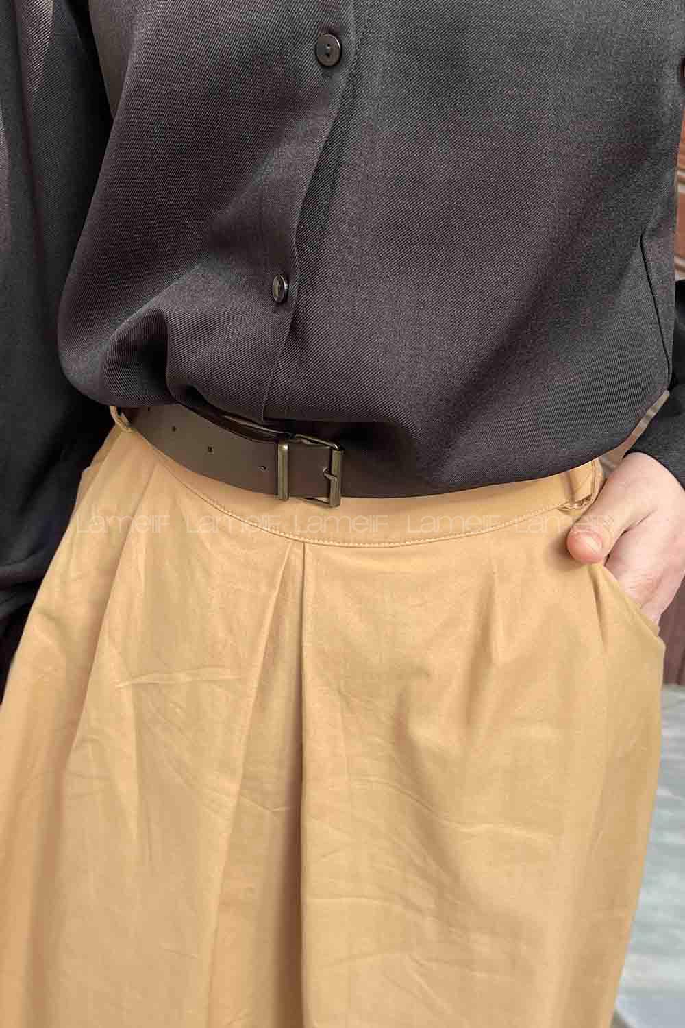 Lamelif Kemerli Gabardin Etek Camel