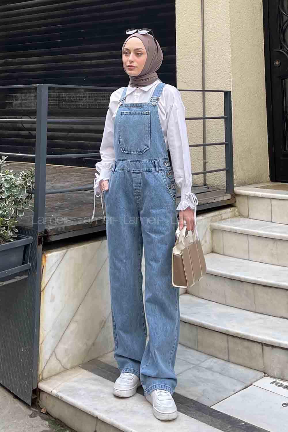 Light Blue Scoop Neck Cotton Overalls