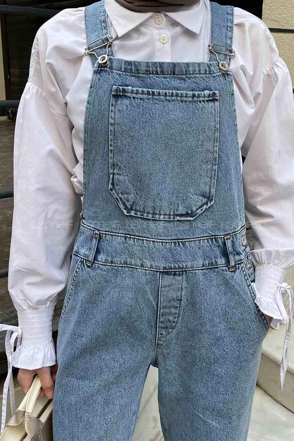 Light Blue Scoop Neck Cotton Overalls