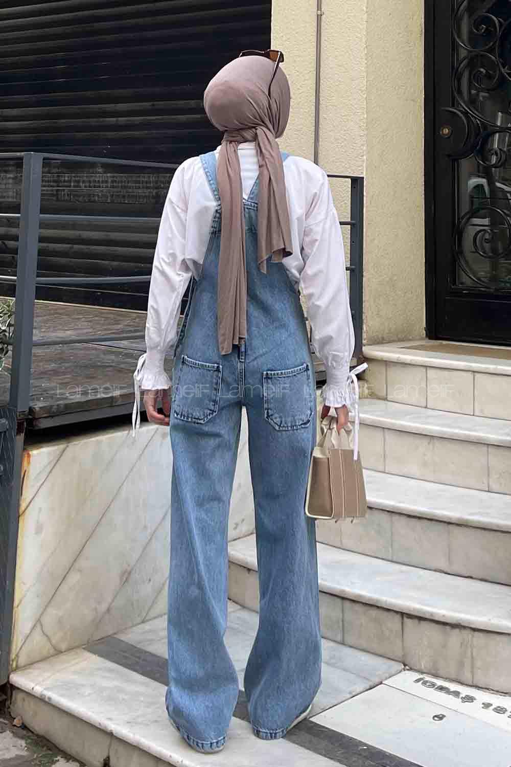 Light Blue Scoop Neck Cotton Overalls