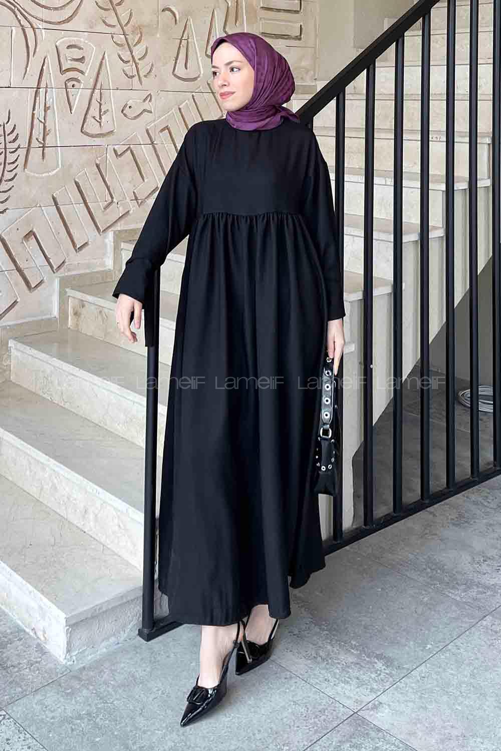 Lamelif Düşük Kol Bağlamalı Keten Tesettür Elbise Siyah
