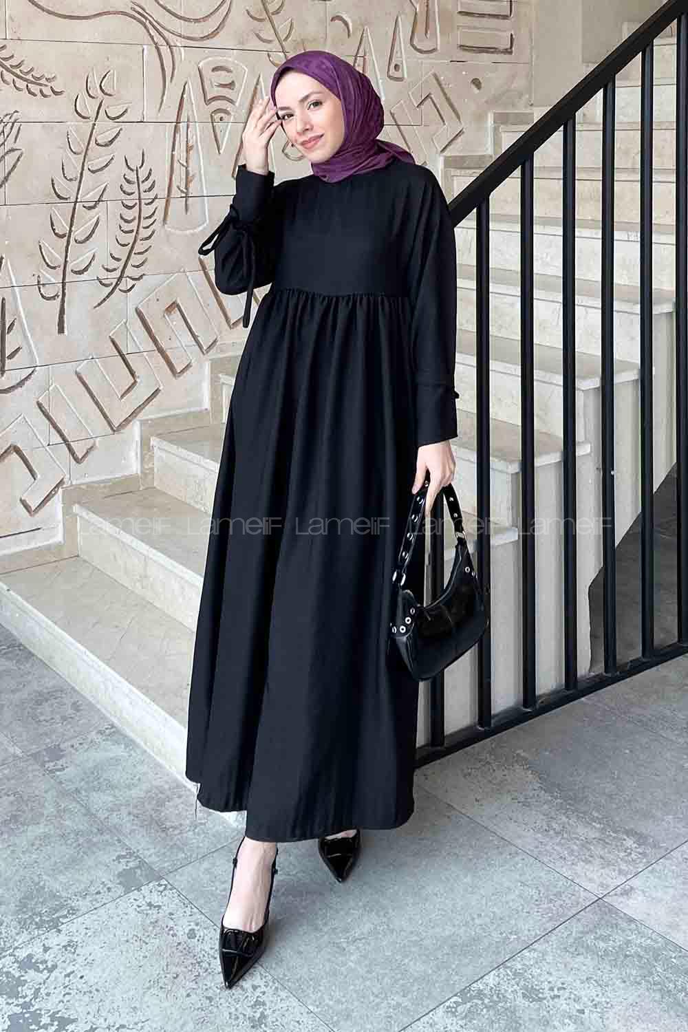 Lamelif Düşük Kol Bağlamalı Keten Tesettür Elbise Siyah