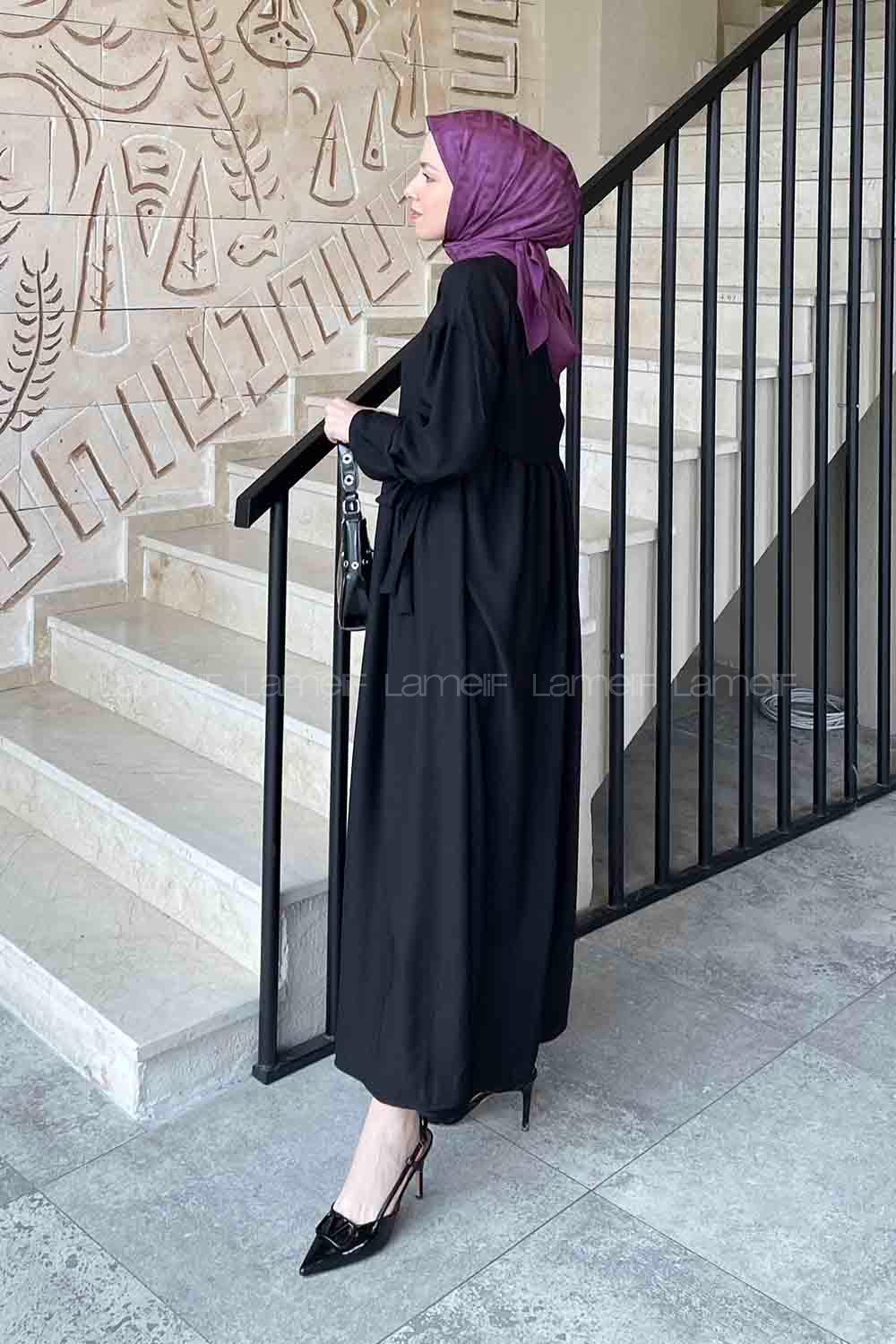 Lamelif Düşük Kol Bağlamalı Keten Tesettür Elbise Siyah