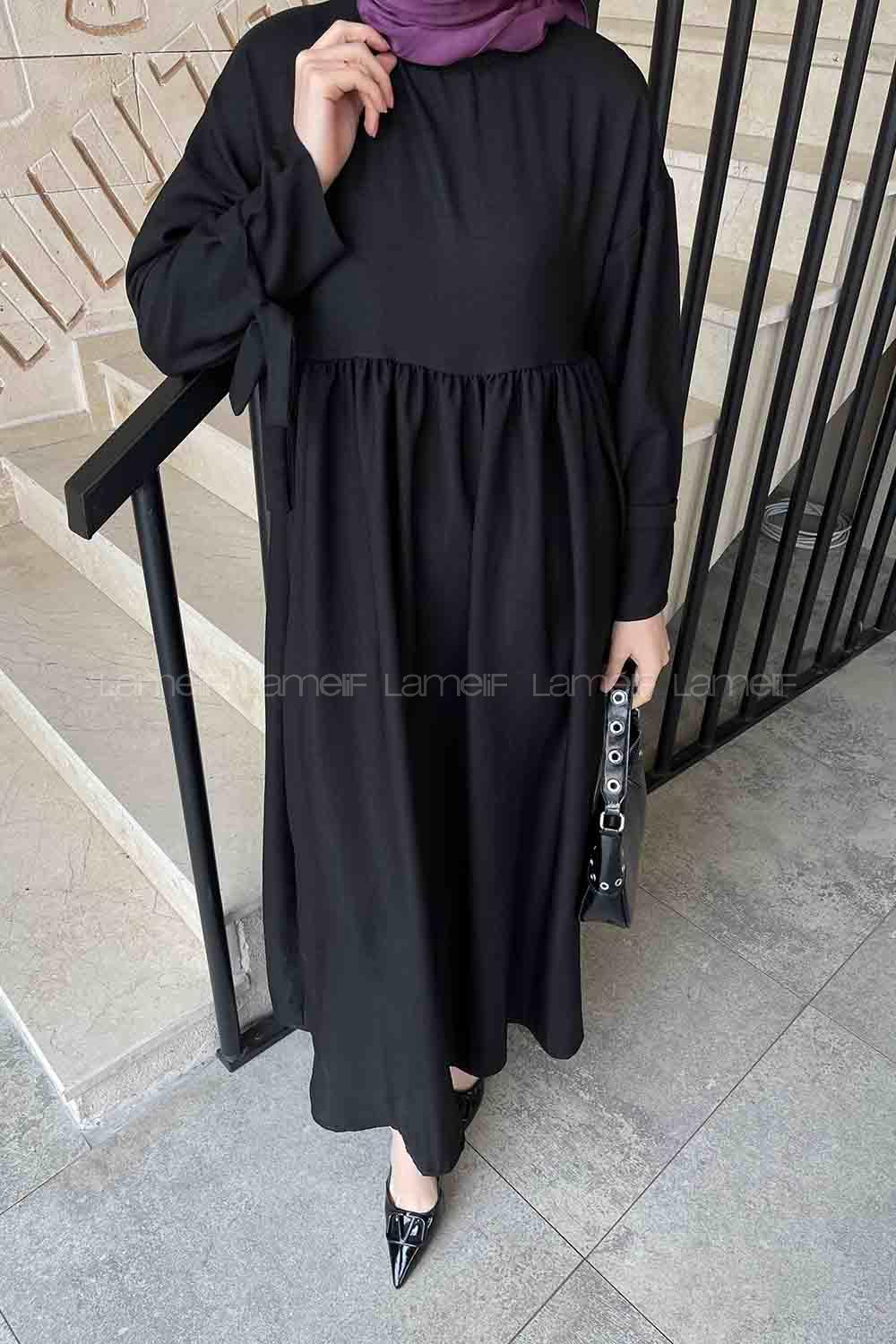 Lamelif Düşük Kol Bağlamalı Keten Tesettür Elbise Siyah