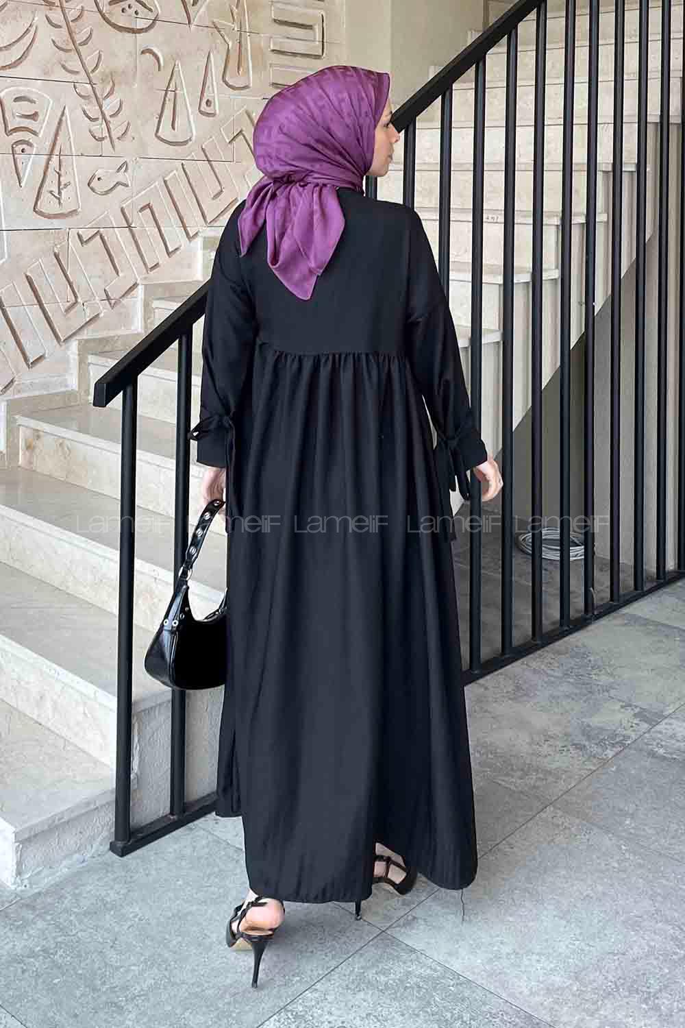 Lamelif Düşük Kol Bağlamalı Keten Tesettür Elbise Siyah