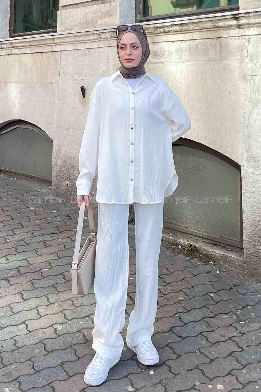 Lamelif Gofre Gömlek Pantolon Tesettür Takım Ekru