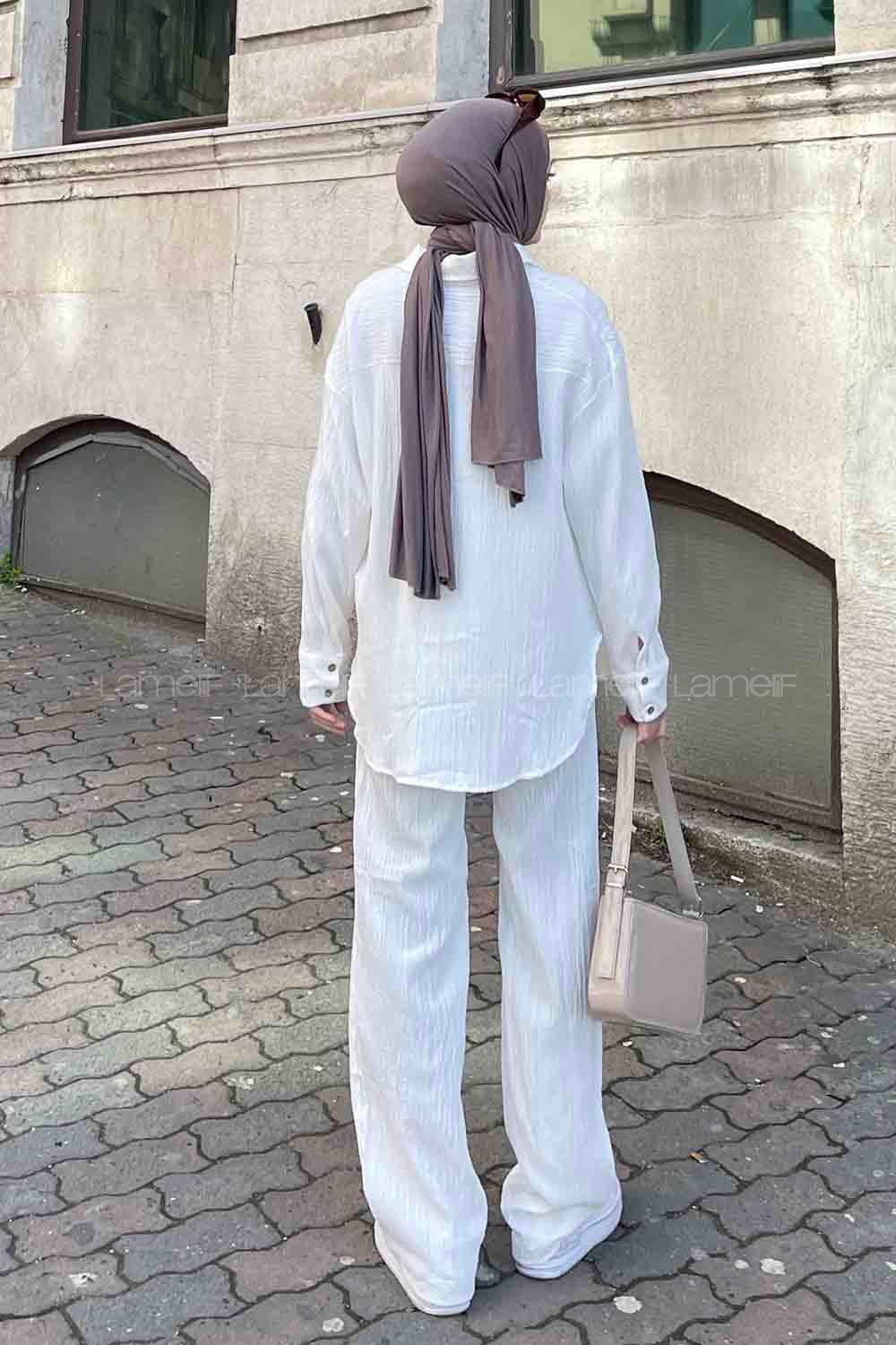 Lamelif Gofre Gömlek Pantolon Tesettür Takım Ekru