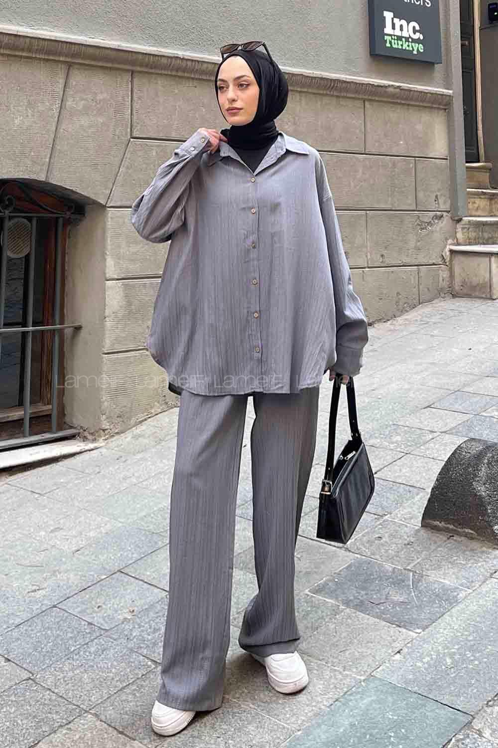 Gray Shirt Collar Long Arm Cotton Poplin Fabric Regular Trousers Comfortable Suit