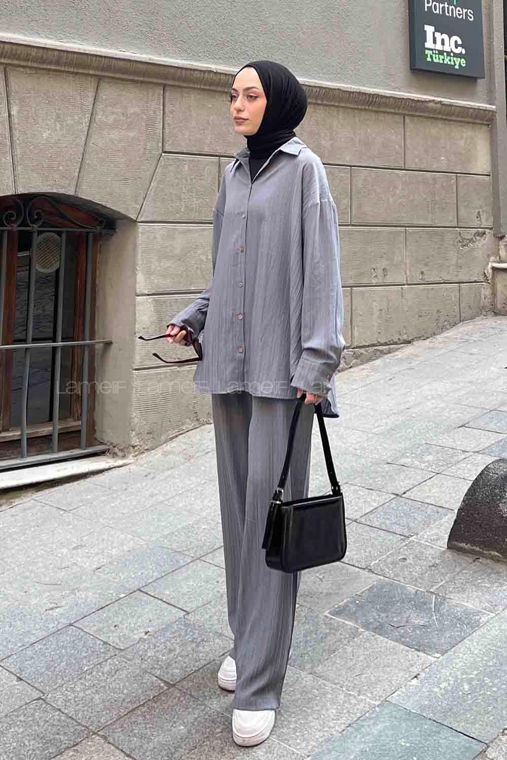 Gray Shirt Collar Long Arm Cotton Poplin Fabric Regular Trousers Comfortable Suit