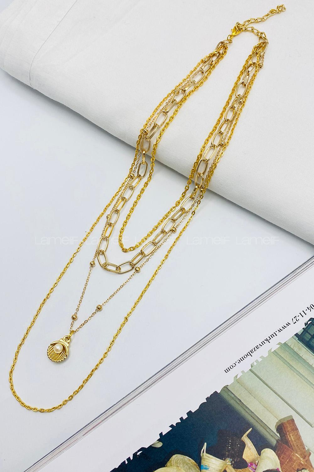 Lamelif Gold 4lü Kombin İncili İstiridye Kolye Seti