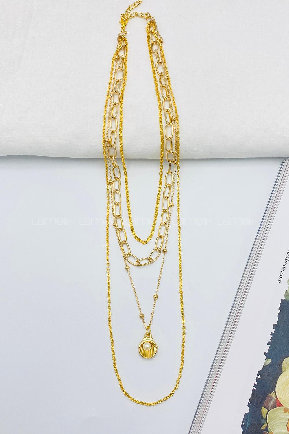 Lamelif Gold 4lü Kombin İncili İstiridye Kolye Seti