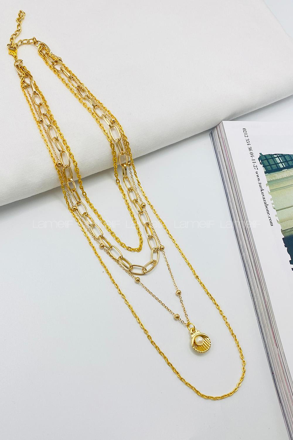 Lamelif Gold 4lü Kombin İncili İstiridye Kolye Seti