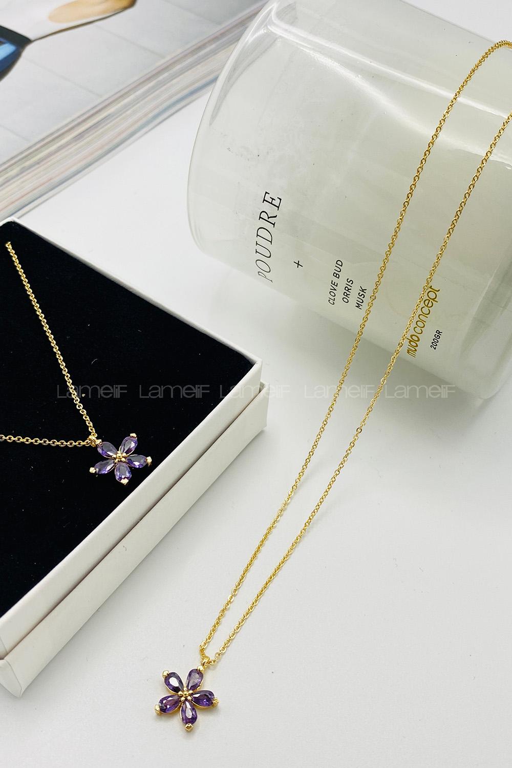 Lamelif Gold Kristal Taşlı Mor Çiçek Zirkon Kolye