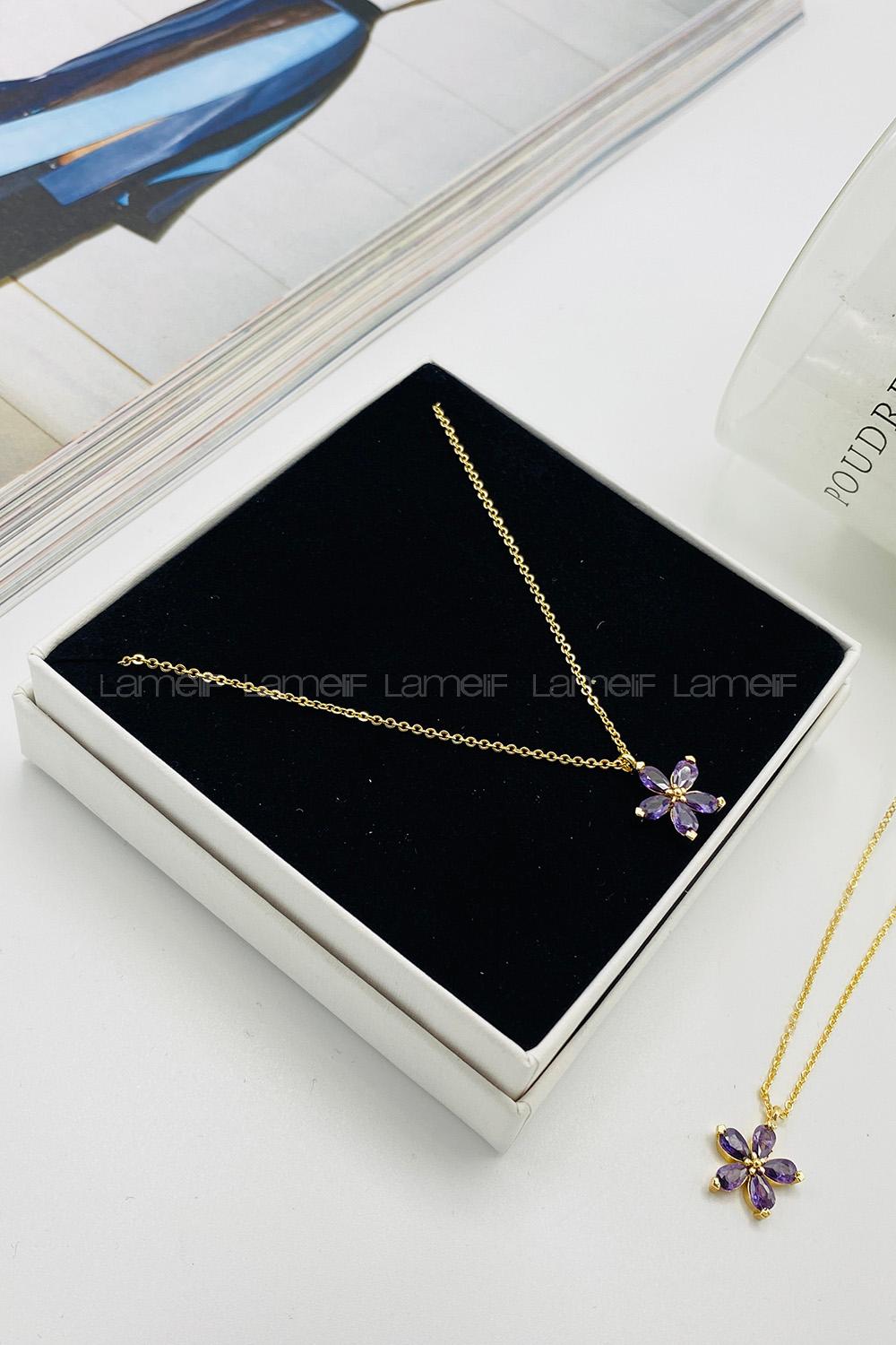 Lamelif Gold Kristal Taşlı Mor Çiçek Zirkon Kolye