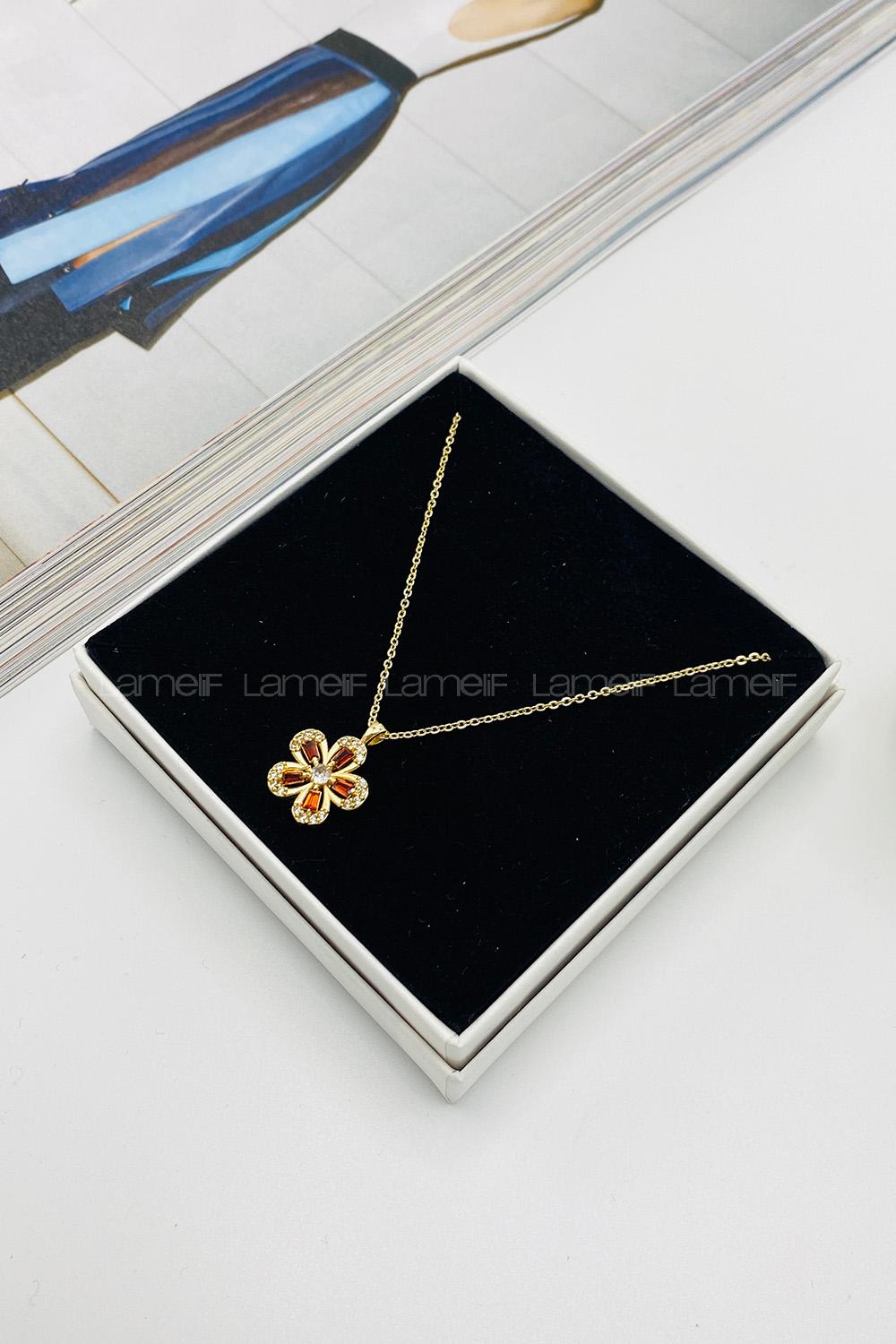 Lamelif Gold Orange Zirkon Taşlı Çiçek Kolye