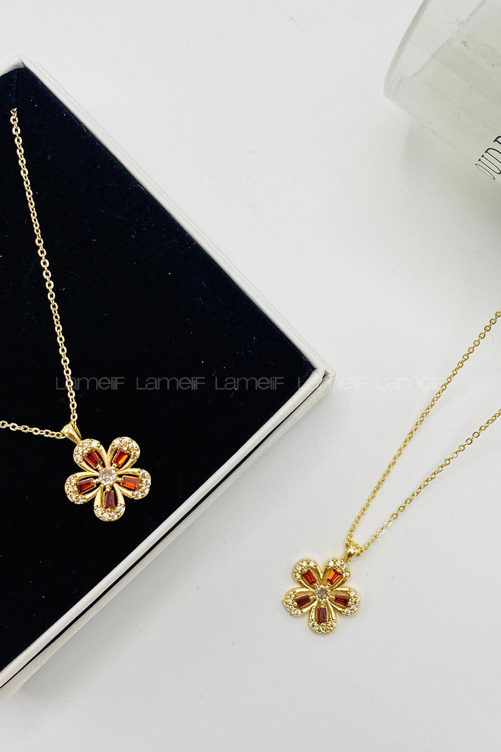 Lamelif Gold Orange Zirkon Taşlı Çiçek Kolye