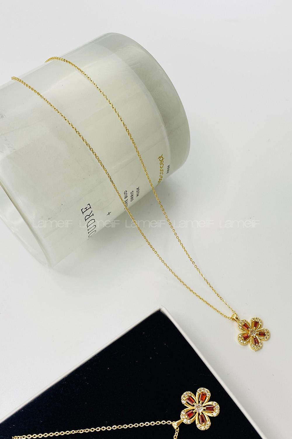 Lamelif Gold Orange Zirkon Taşlı Çiçek Kolye