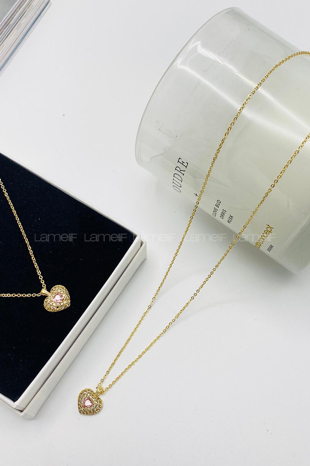 Lamelif Gold Pembe Kristal Taşlı Kalp Zirkon Kolye