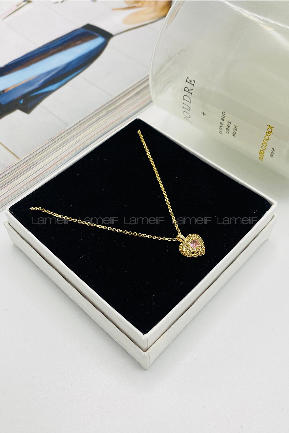 Lamelif Gold Pembe Kristal Taşlı Kalp Zirkon Kolye
