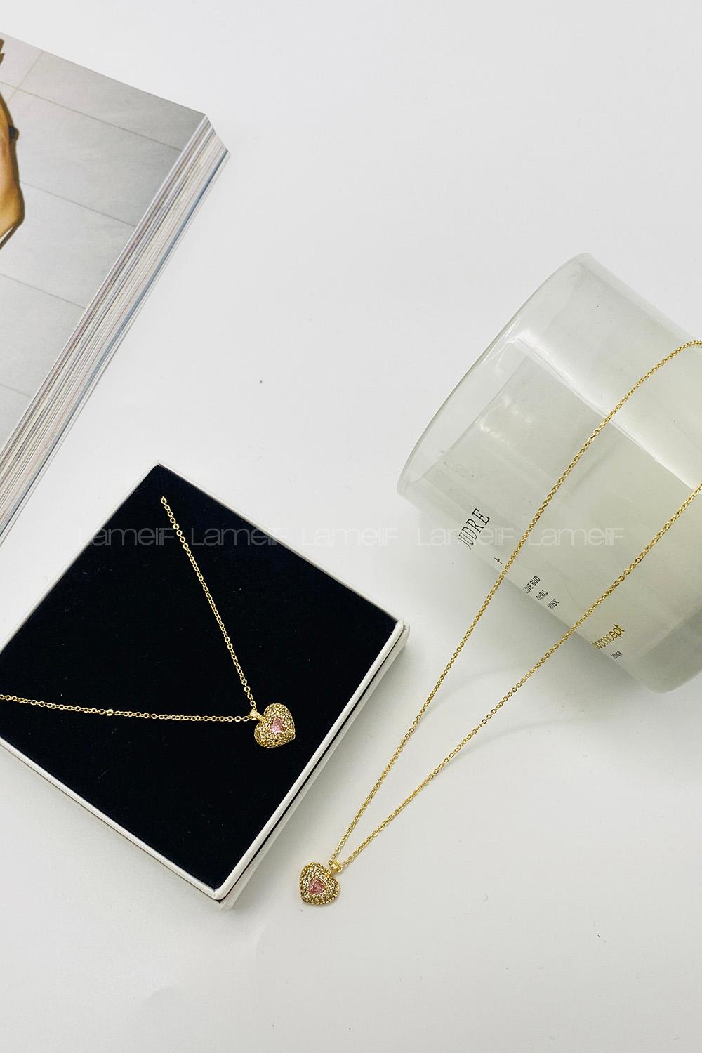 Lamelif Gold Pembe Kristal Taşlı Kalp Zirkon Kolye