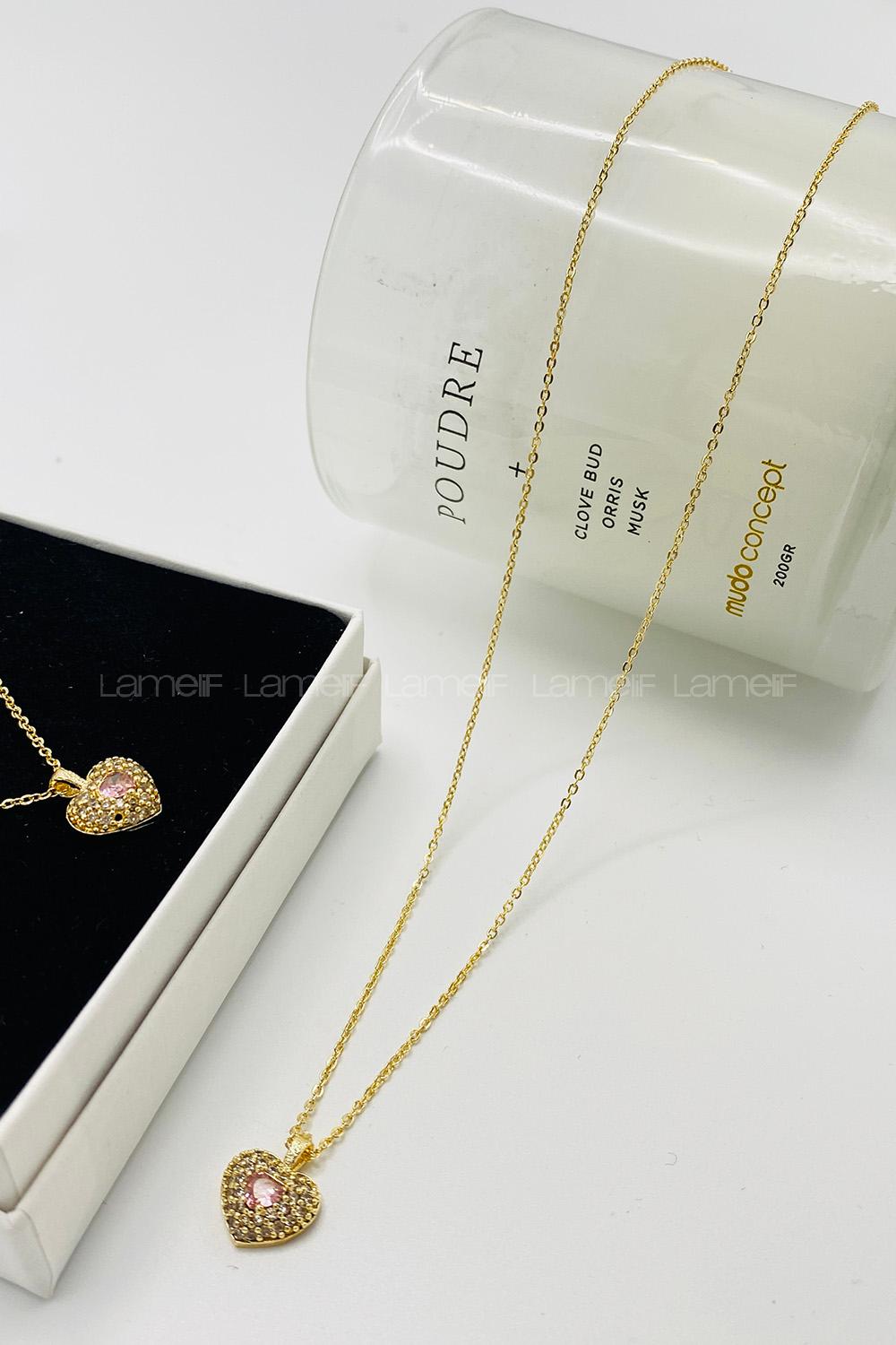 Lamelif Gold Pembe Kristal Taşlı Kalp Zirkon Kolye