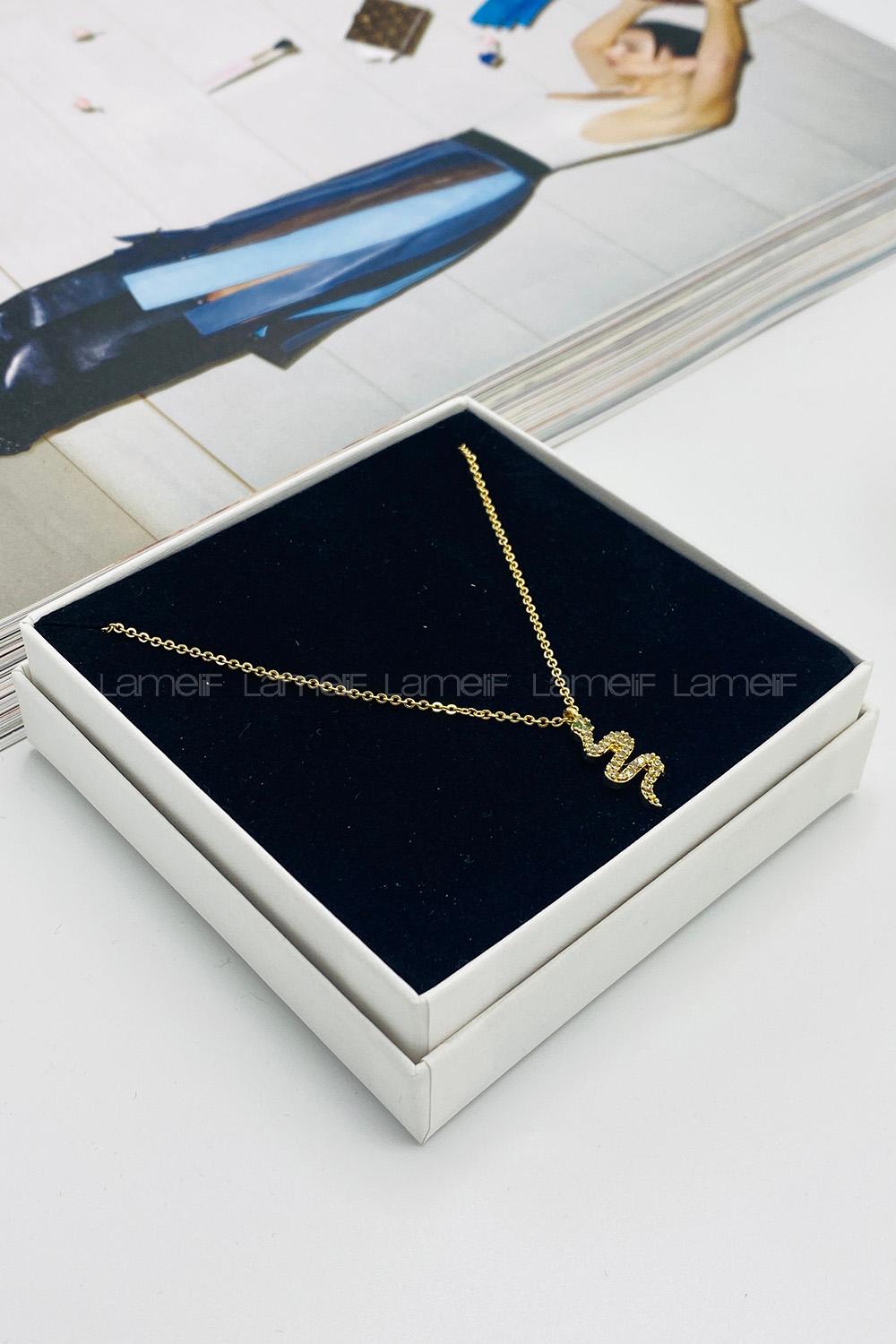 Lamelif Gold Yılan Zirkon Taşlı Kolye