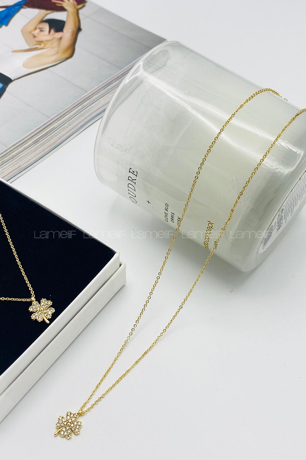 Lamelif Gold Yonca Zirkon Taşlı Kolye