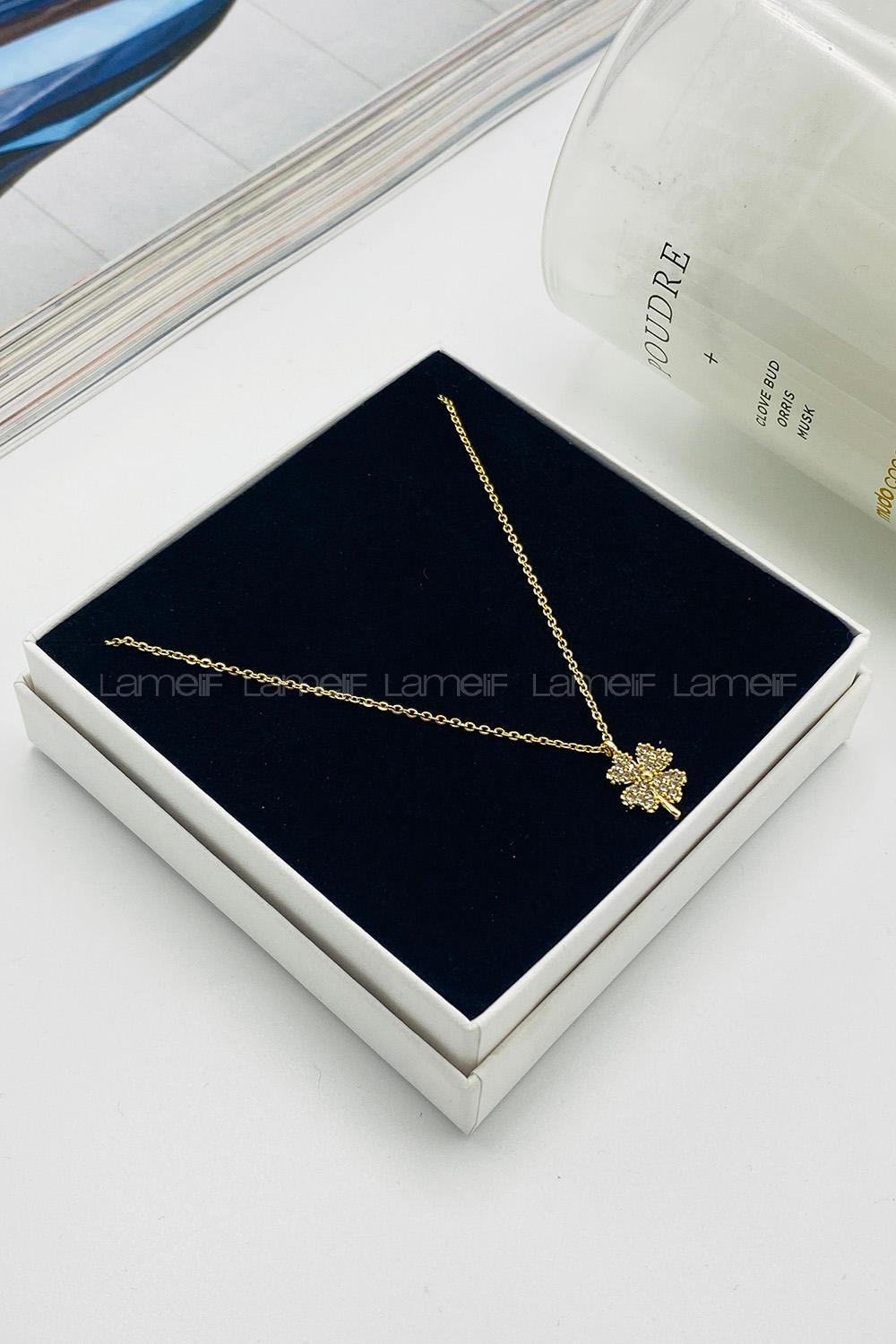 Lamelif Gold Yonca Zirkon Taşlı Kolye